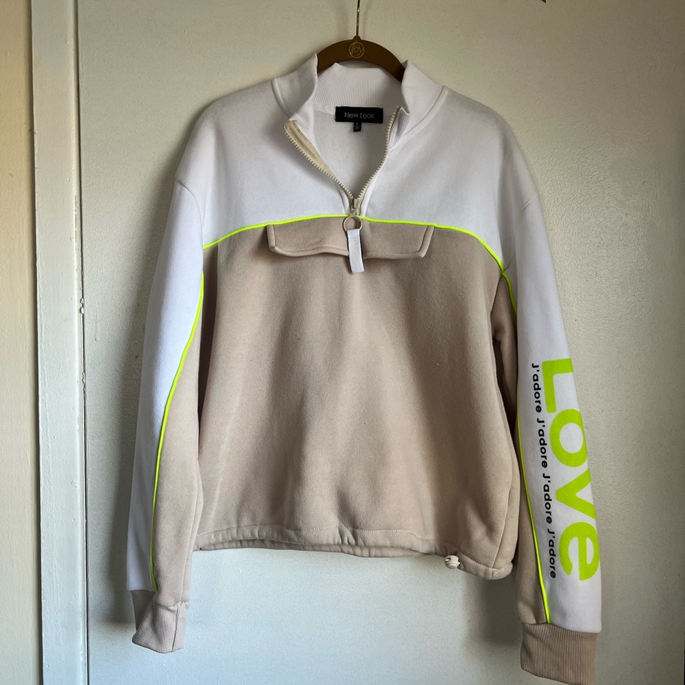 New Look Beige and White 3/4 Quarter Zip Sweatshirt Sz Large Staple Basic Casual